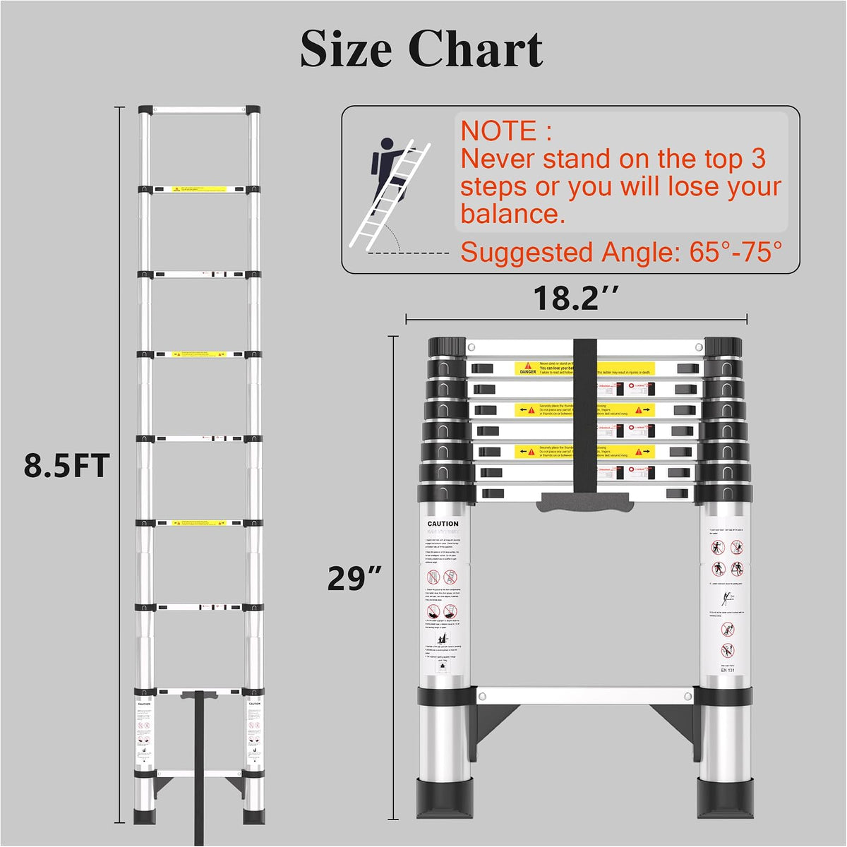Escalera telescópica plegable telescópica – 8.5 pies Rv telescopio plegable extensible alto compacto – Escaleras de aluminio – para casa, techo de viaje, remolques ajustables – capacidad de 350 libras