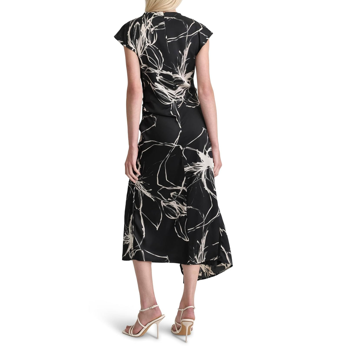 DKNY Sleeveless Mock Neck Ruched Bodice Asymmetrical Hem Maxi Dress Vestido Mujer
