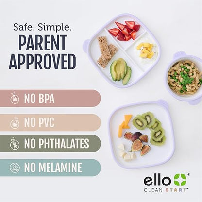 Ello Clean Start - Juego de 2 platos de cerámica sin BPA con funda de silicona para bebés y niños pequeños, apto para microondas y lavaplatos, sin plástico, apto para sillas altas, color azul
