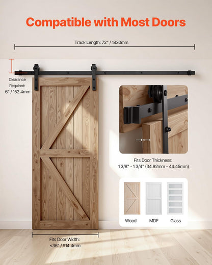 VEVOR Kit de Herrajes para Puerta Corrediza de Granero de Acero al Carbono Riel de 1,83 m para Una Sola Puerta Ancho Máximo de 91,44 cm Espesor de 34,92-44,45 mm Carga de 150 kg para Hogar, Negro