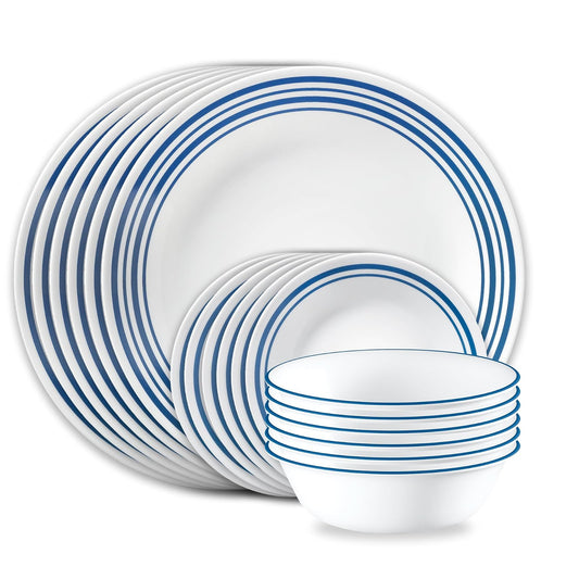 Corelle Vitrelle - Juego de vajilla de vidrio de 18 piezas para 6, juegos de platos y cuencos de vidrio resistentes a las grietas y virutas de triple capa, Laila
