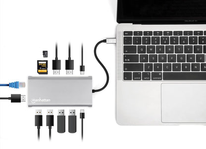 Manhattan Docking Station USB C para Triple Monitor HDMI 4K, Hub 12 en 1 con Ethernet, Carga PD 100W, USB-C de Datos y Lector SD para Laptop, MacBook, DELL, HP y Windows, Gris Espacial, 130660
