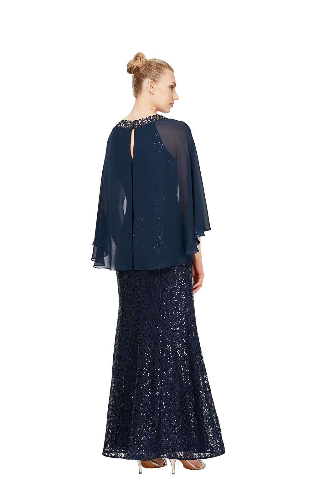 S.L. Fashions - Vestido de Encaje con Lentejuelas y Manga Casquillo para Mujer