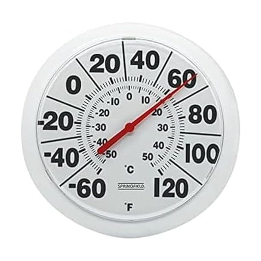 Springfield Termómetro de Esfera Grande para Interiores y Exteriores, inalámbrico con números Grandes fáciles de Leer, Esfera de 8 Pulgadas para Uso en Patio, Piscina o Interior, Acabado Blanco