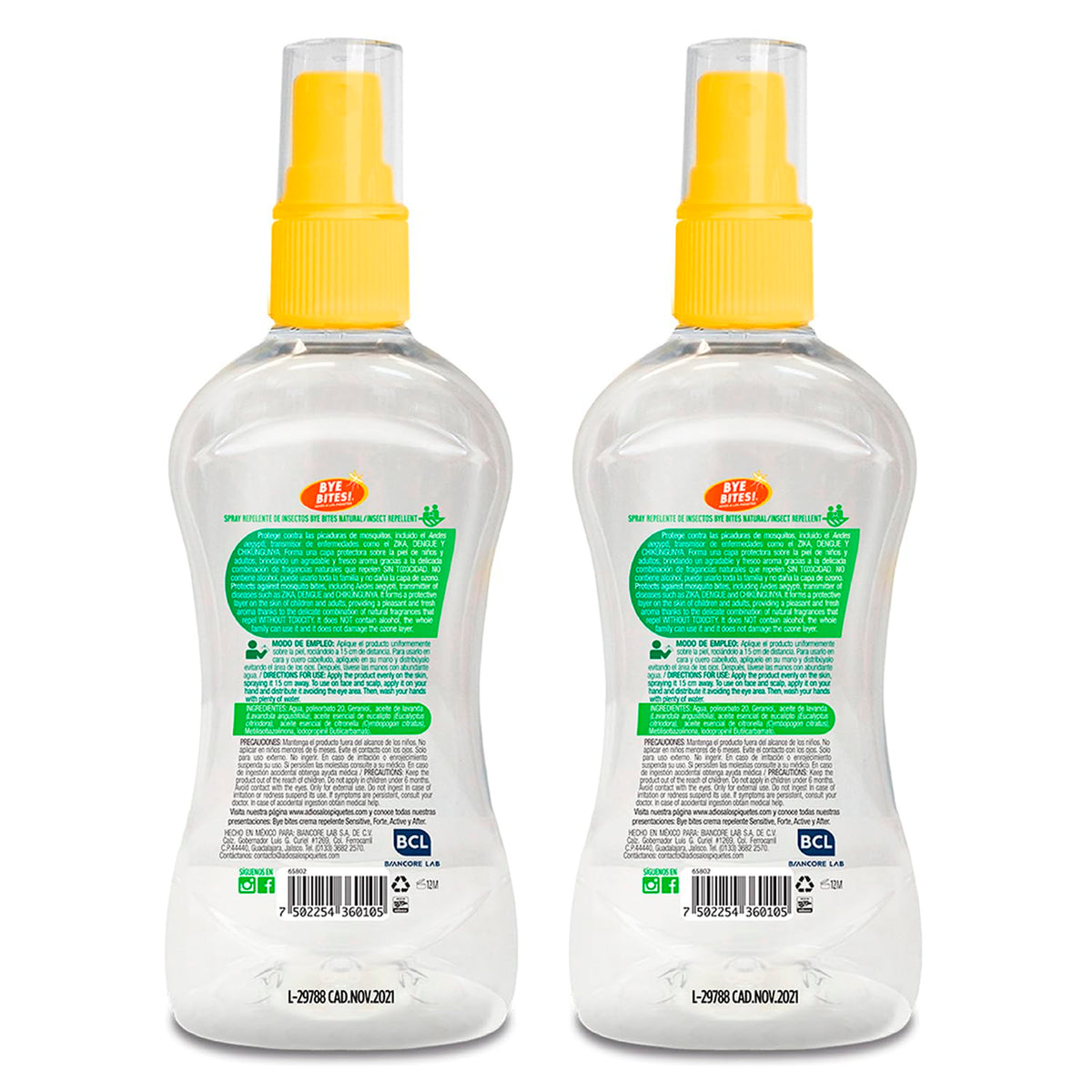 BYE BITES Repelente de Mosquitos NATURAL en Spray - Con Geraniol, Citronela y Eucalipto, Fórmula Natural y Biodegradable - En DUOPACK de 130 ml c/pieza - Protégete de los Insectos