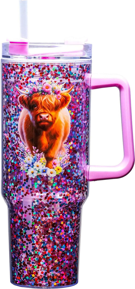 Spoontiques Highland Cow - Taza Acrílica 40 oz de Doble Pared con Tapa Deslizante y Popote