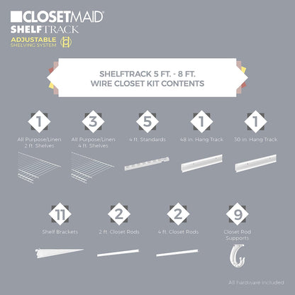 ClosetMaid ShelfTrack - Organizador de clóset Ajustable, Blanco, 5 to 8 Feet, 1