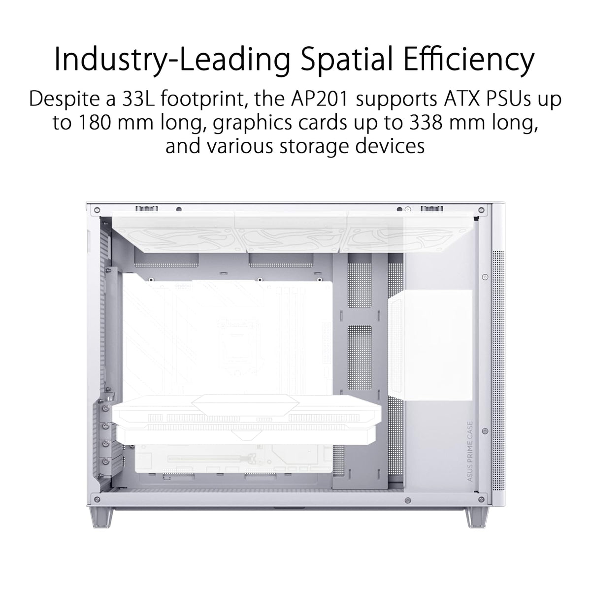 ASUS Prime AP201 White MicroATX Edición de vidrio templado compatible con tarjetas gráficas de hasta 338 mm, enfriadores de 360 mm y PSU ATX estándar, paneles laterales sin herramientas, panel lateral