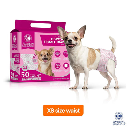 American Kennel Club Female Dog Wrap, Disposable Diapers with Wetness Indicator, X-Small, 50 Count