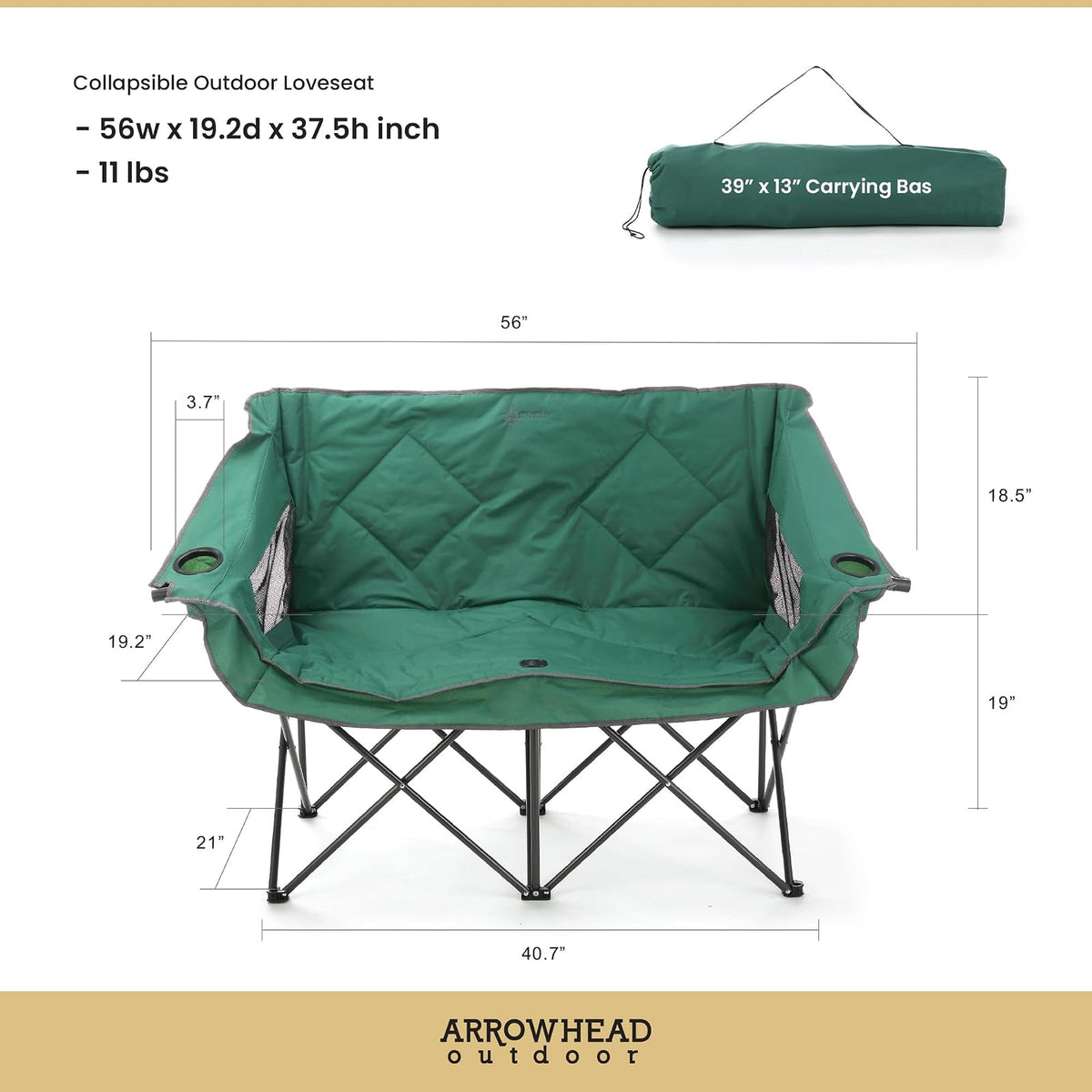 Arrowhead Outdoor - Sofá de Cama Doble Plegable portátil con 2 Tazas y Soporte para Copas de Vino, Bolsa de Transporte Resistente, Asientos Acolchados y apoyabrazos, soporta hasta 500 Libras, Soporte
