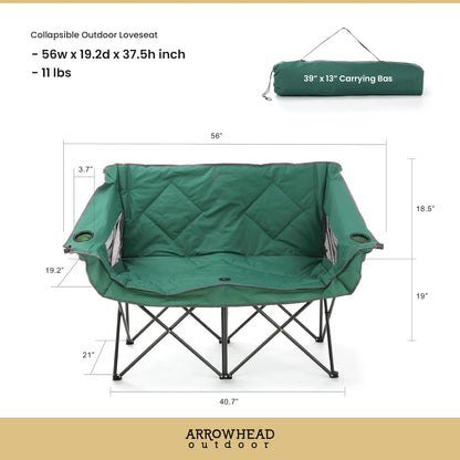 Arrowhead Outdoor - Sofá de Cama Doble Plegable portátil con 2 Tazas y Soporte para Copas de Vino, Bolsa de Transporte Resistente, Asientos Acolchados y apoyabrazos, soporta hasta 500 Libras, Soporte