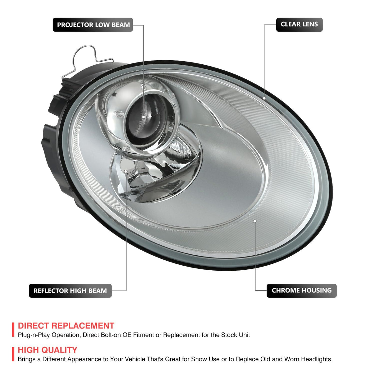 DNA MOTORING - Conjunto de Faros Delanteros de proyector Derecho Compatible con VW Beetle 2006-2010, Lente cromada/Transparente, VW2519109, OEM-HL-0337-R
