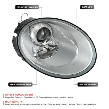 DNA MOTORING - Conjunto de Faros Delanteros de proyector Derecho Compatible con VW Beetle 2006-2010, Lente cromada/Transparente, VW2519109, OEM-HL-0337-R