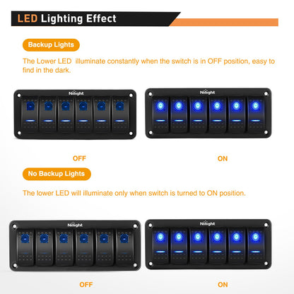 Nilight-90111F - Panel de interruptor de aluminio de 6 bandas, interruptor de 5 pines, interruptor precableado, interruptor retroiluminado azul para automóvil, automóvil, barco, RV, 2 años de garantía