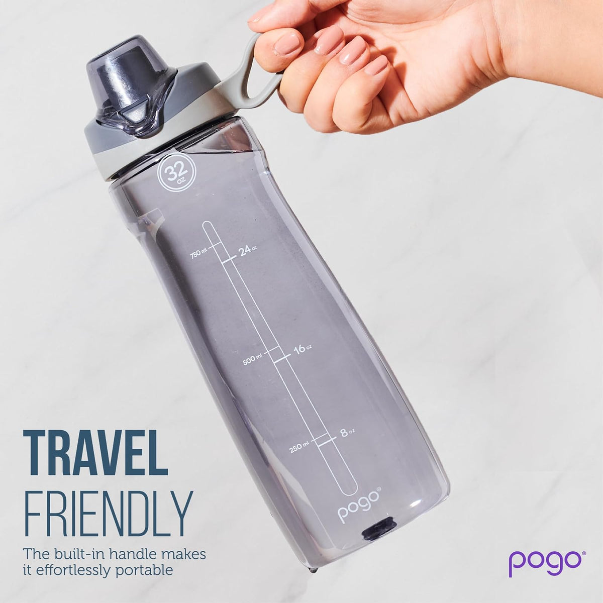 Pogo Botella de agua Tritan con tapa Chug de 32 onzas (gris/azul, paquete de 2)