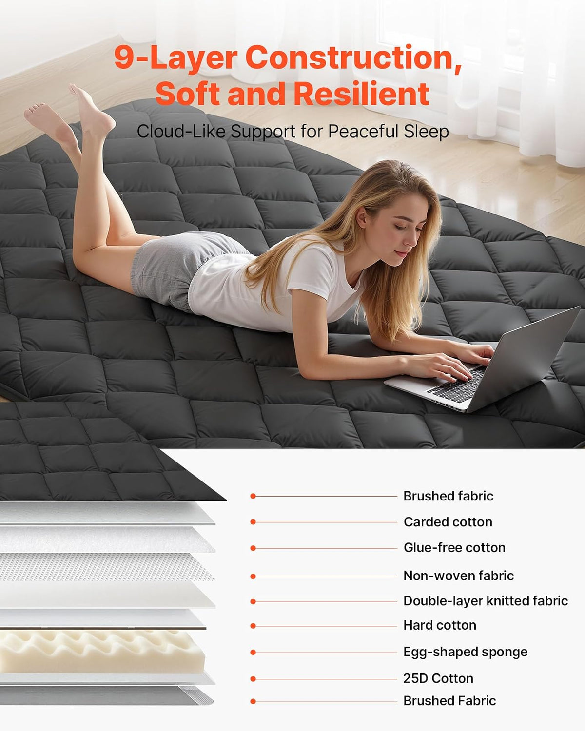 VEVOR Colchón Futón Japonés, Tatami Plegable de Tamaño Completo, con Bolsa de Almacenamiento y Herrajes de Montaje, Esterilla de 9 Capas para Meditación y Yoga, Color Negro, 2032 x 1372 x 89 mm