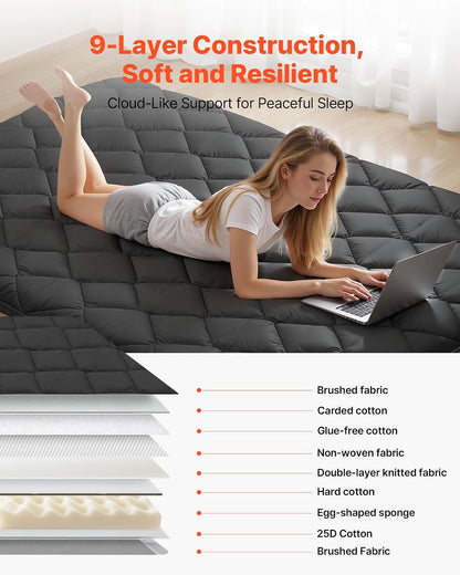 VEVOR Colchón Futón Japonés, Tatami Plegable de Tamaño Completo, con Bolsa de Almacenamiento y Herrajes de Montaje, Esterilla de 9 Capas para Meditación y Yoga, Color Negro, 2032 x 1372 x 89 mm