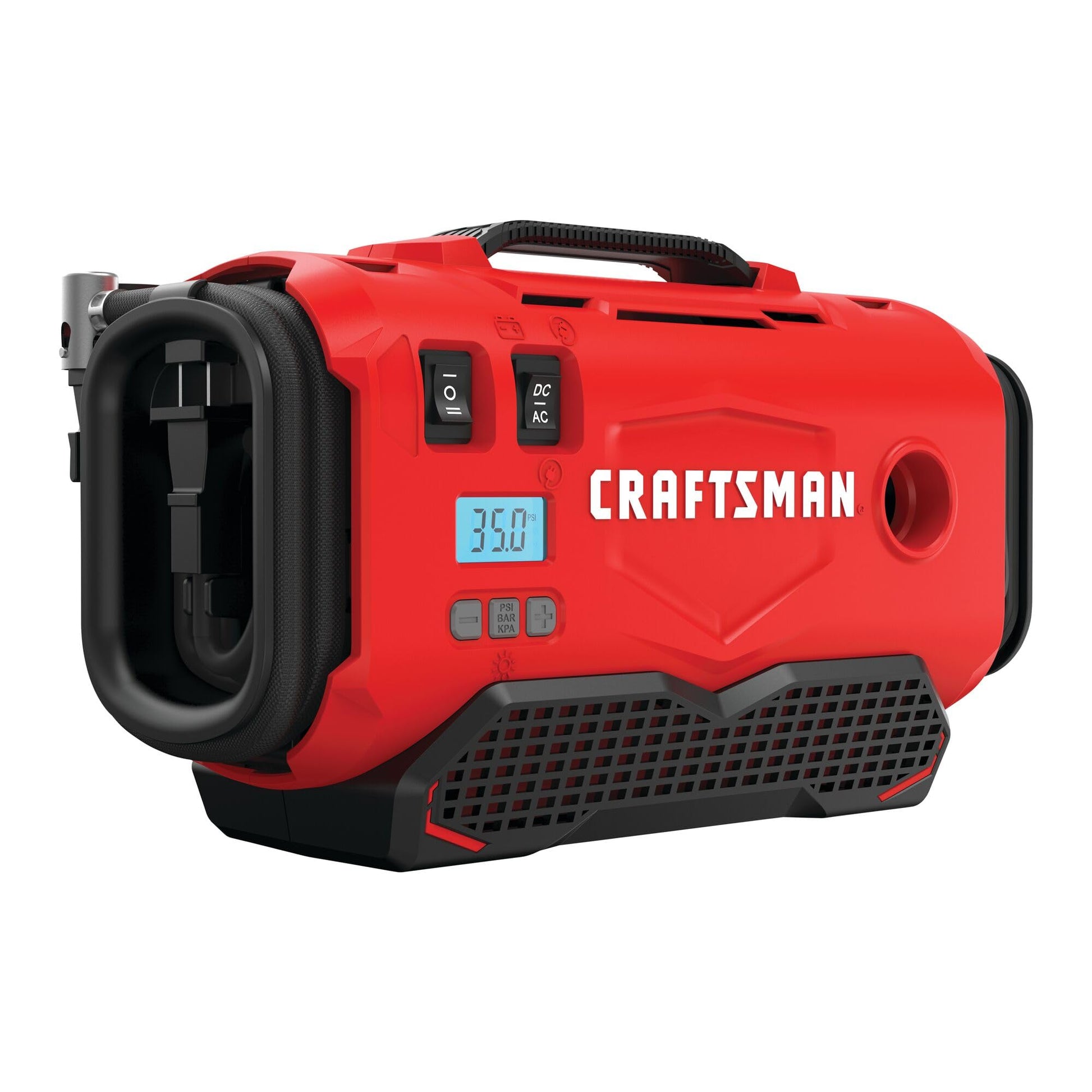 CRAFTSMAN V20 Inflador de neumáticos, compresor de aire portátil, 3 modos: sin cable, cable de 120 V y adaptador de coche de 12 V, bomba de aire, batería se vende por separado (CMCE520B)