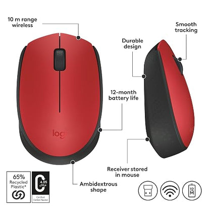 Logitech M170 Mouse Inalámbrico, con tecnología 2,4 GHz, batería de hasta 12 Meses con Modo Ahorro, Receptor USB, Cursor y Desplazamiento Preciso, Compatible con Windows, Mac y Chrome - Rojo