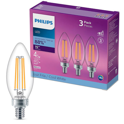 Philips LED 3 Pack Foco Filamento base E12 luz fría- Focos decorativos para cualquier espacio de tu hogar