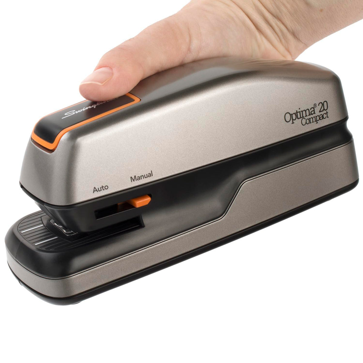 Swingline Optima Grip Grapadora eléctrica, capacidad de 20 hojas, recarga rápida, portátil, naranja/gris (48207)