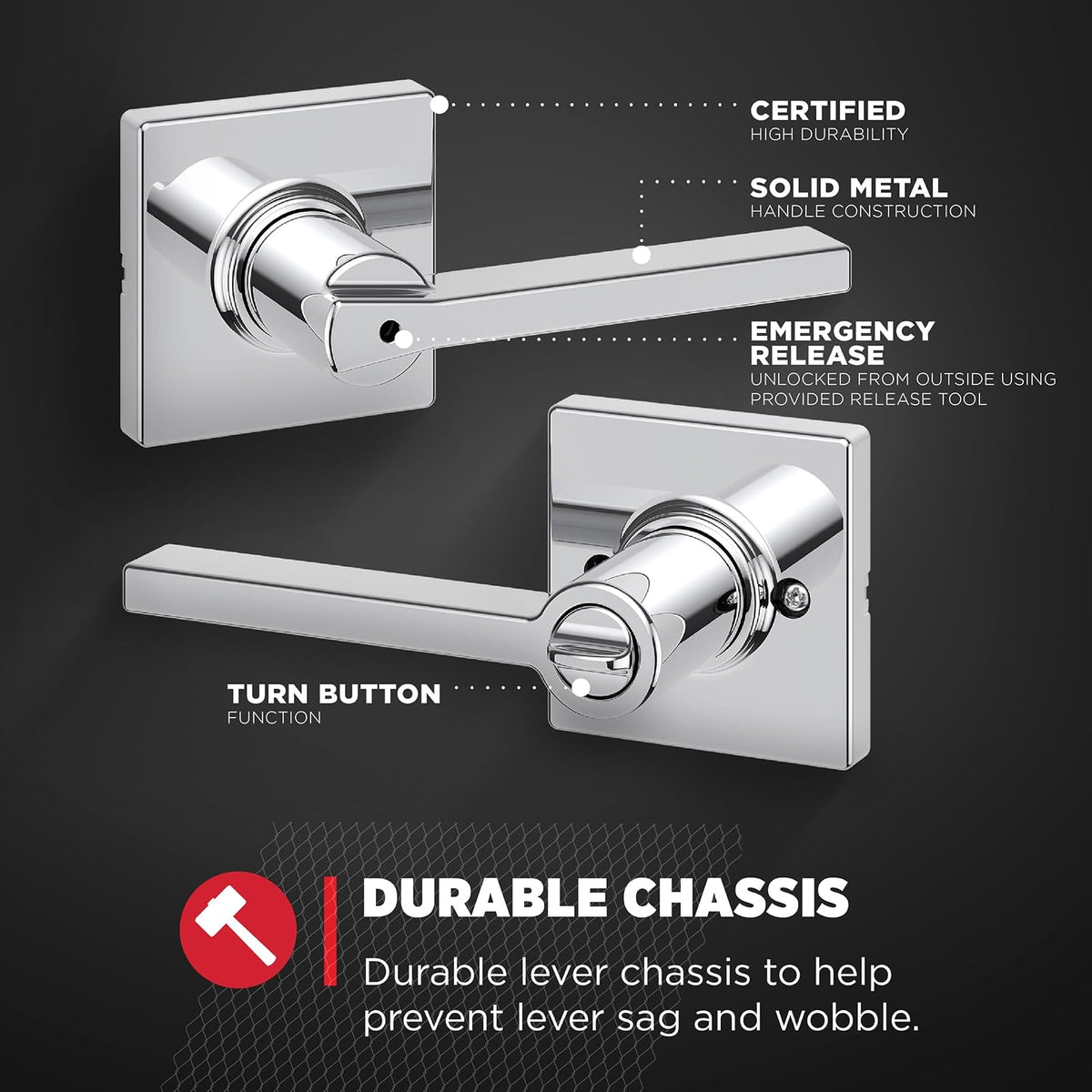 Kwikset Casey - Manija de puerta interior de privacidad con cerradura, palanca de puerta para baño y recámara, cerradura giratoria reversible de cromo pulido sin llave