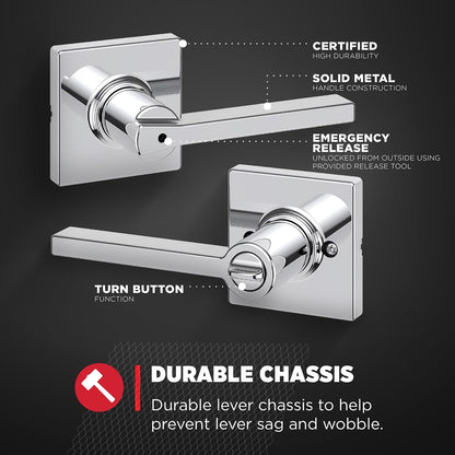 Kwikset Casey - Manija de puerta interior de privacidad con cerradura, palanca de puerta para baño y recámara, cerradura giratoria reversible de cromo pulido sin llave