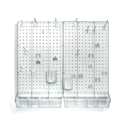 Azar Displays 900945-CLR El kit organizador de pared multiusos de 70 piezas con dos paneles y surtido de accesorios, tamaños de panel: 13.5 pulgadas de ancho x 22 pulgadas de alto cada uno, esmerilado transparente - Claro
