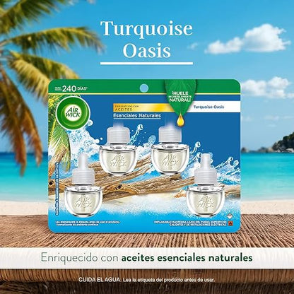 Air Wick Repuestos para Aromatizante Eléctrico, Aroma Turquoise Oasis, 4 Piezas de 20 ml c/u