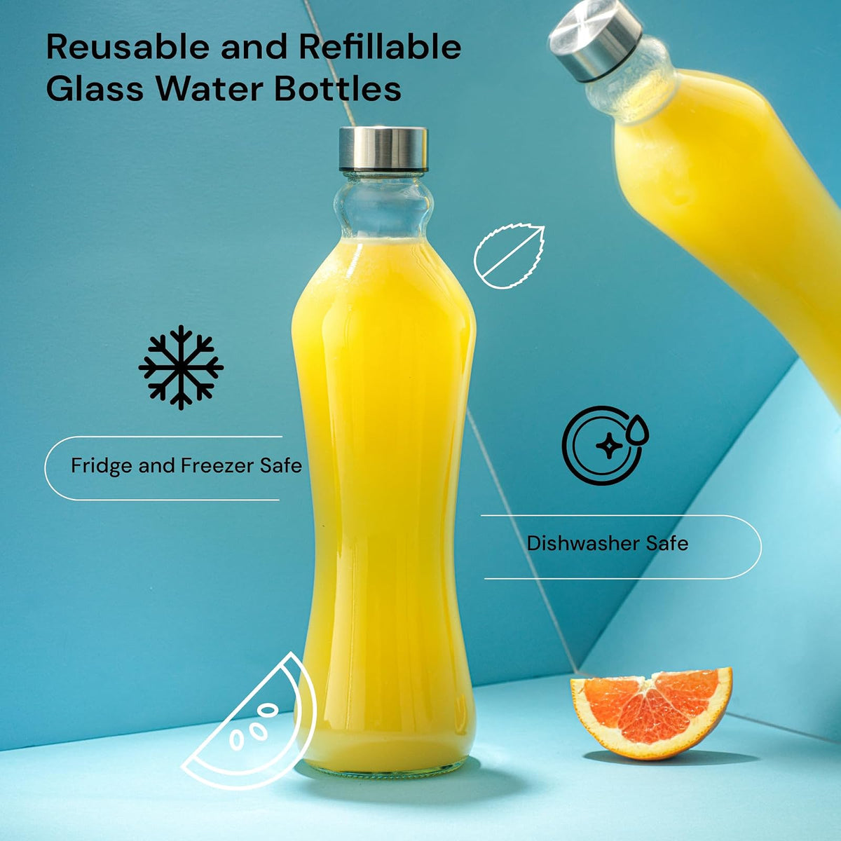 JoyJolt - Juego de 2 botellas de agua de vidrio, 32 onzas, 1 litro, vidrio transparente con tapas de acero inoxidable, a prueba de fugas, ideal para jugos o té helado