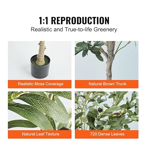 VEVOR Olivo Artificial, 1,5 m de Altura, Material de Polietileno Seguro y protección antivuelco, Planta de bajo Mantenimiento, árbol Artificial Verde Realista en Maceta para decoración de Interiores