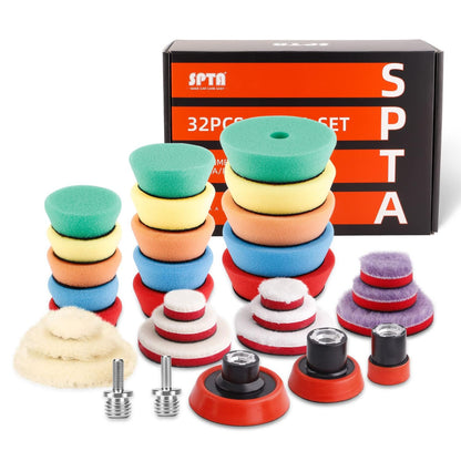 SPTA - Kit de detalles de coche: almohadillas para orejas de pulido de 25 mm, 50 mm y 80 mm, cera para preservar y pulir, aplicador de pulido