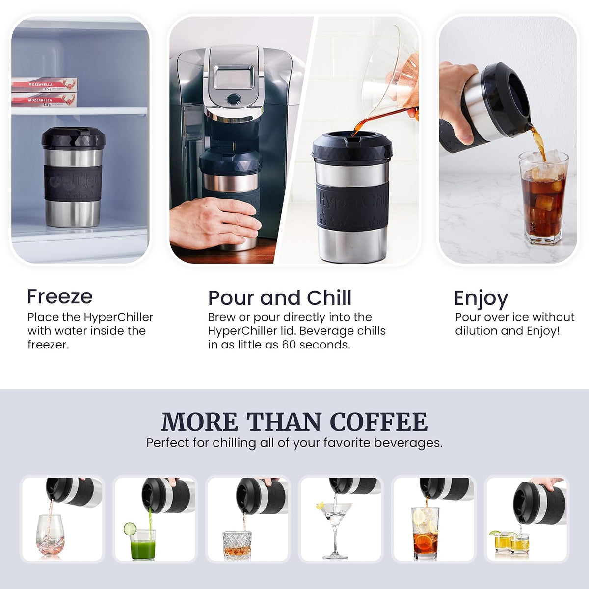 HyperChiller El original pero nuevo enfriador de café helado/bebidas patentado HC2SS de acero inoxidable listo en un minuto, reutilizable para té helado, vino, licores, alcohol, jugo, 12 onzas, acero