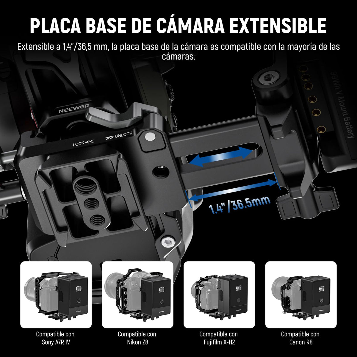 NEEWER Plegable Placa de Batería V Mount con Placa Base de Cámara de Liberación Rápida Tipo Arca Vídeo Rig Cámara DSLR Compatible con SmallRig Batería de V Montaje Jaula dji RS4 RS3 Gimbal, PS015 Pro