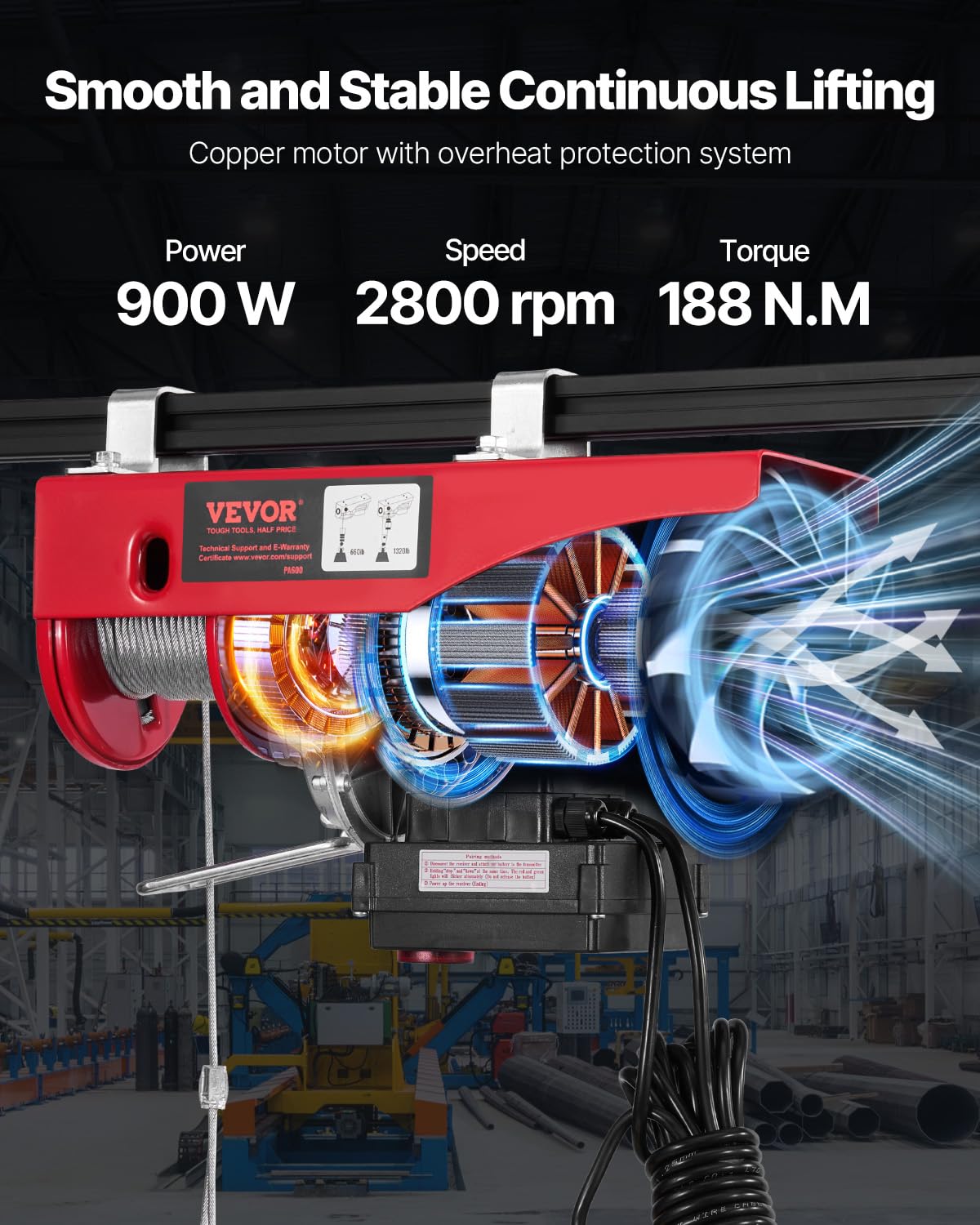VEVOR - Polipasto eléctrico, cabrestante eléctrico de 120 V de 100 m inalámbrico y control remoto con cable de 100 m, altura de elevación de un solo cable de 40 pies, eslingas individual/dobles,