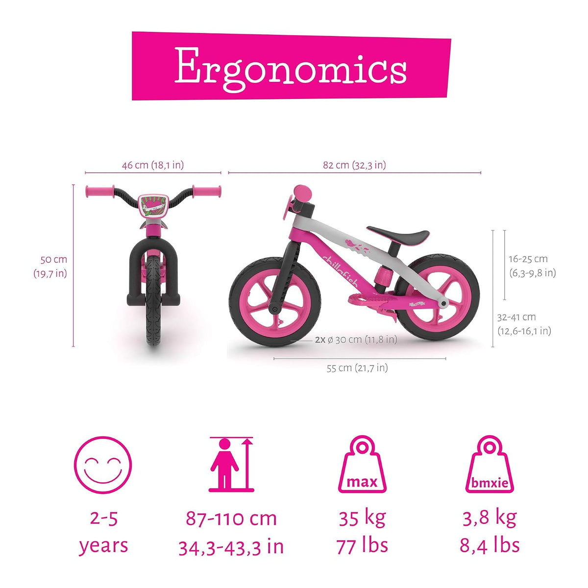 Chillafish Bmxie² - Bicicleta de Equilibrio Ligera con reposapiés Integrado y Freno de pie para niños de 2 a 5 años, neumáticos de Piel de Goma sin Aire de 12 Pulgadas, Asiento Ajustable sin
