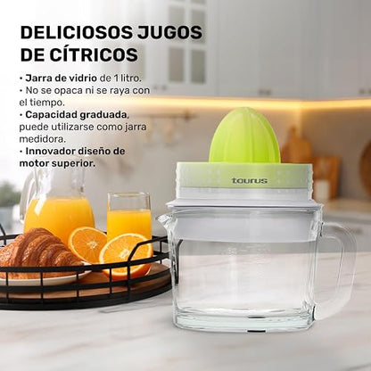 TAURUS CITRIX VER.II | Exprimidor de Cítricos | ÚNICO con Jarra de Vidrio de 1 Litro | Exprimidor de Naranjas | Filtro para Bagazo de 3 niveles | Doble Sentido de Giro | Almacenaje Compacto |Verde