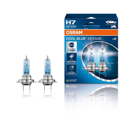 OSRAM COOL BLUE® INTENSE H7, +100% más de brillo, hasta 5000 K, lámpara halógena para faros delanteros, aspecto LED, caja plegable colgante (2 lámparas)