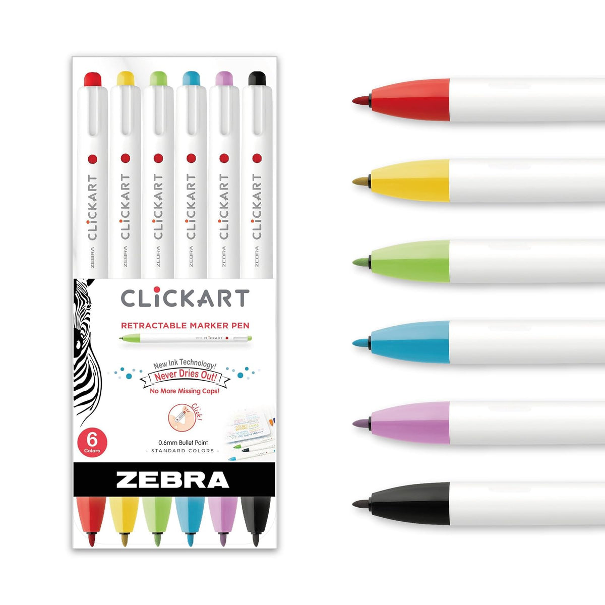 Zebra Pen Click Art - marcador retráctil, punta fina, 0,6 mm, colores surtidos, paquete de 6