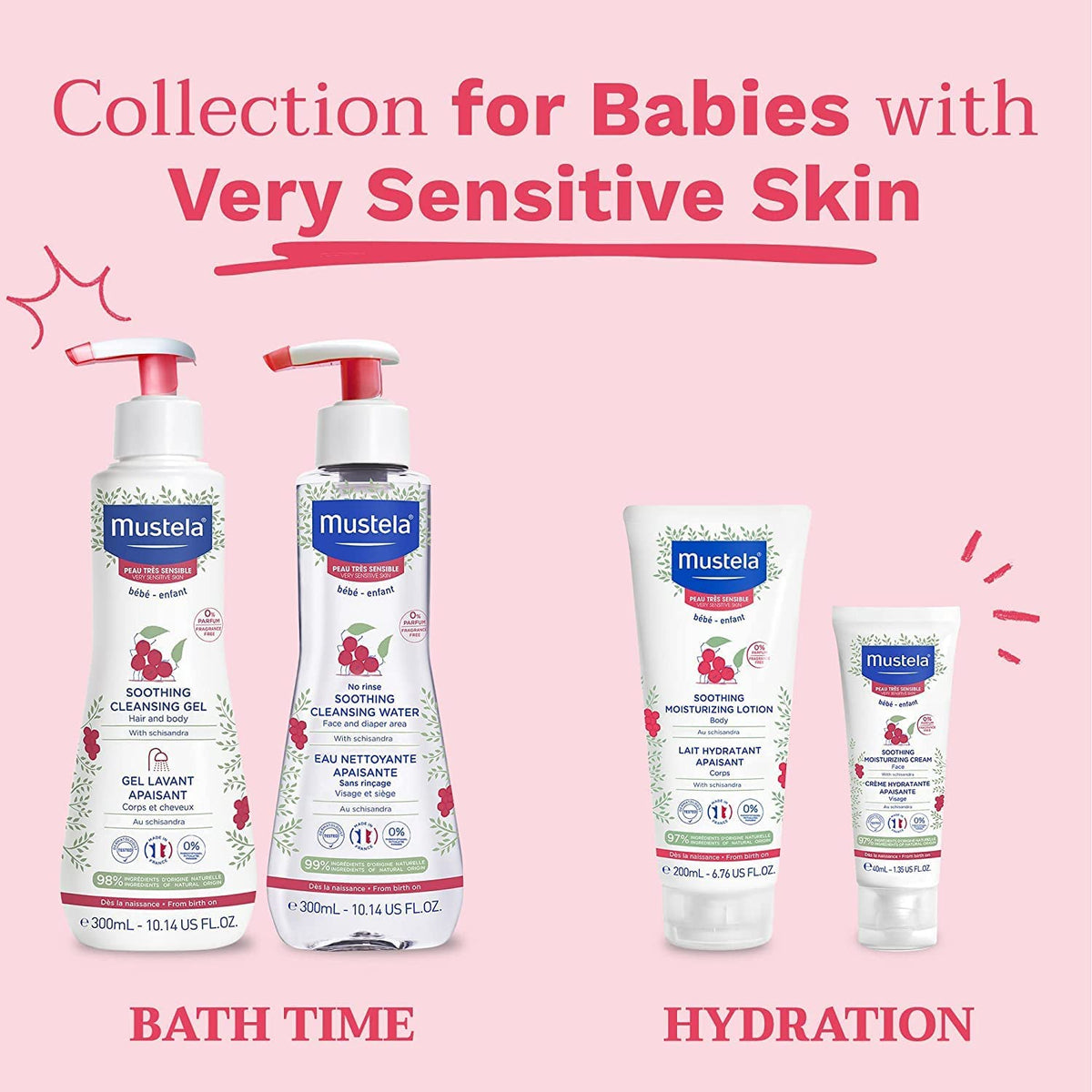 Mustela Baby Gel limpiador calmante - Gel de baño para cabello y cuerpo sin fragancia para pieles muy sensibles - con aguacate perséose natural y baya de Schizandra - 10.14 fl. onz.