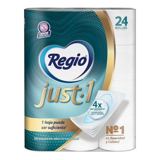 Regio Just 1 Papel Higiénico, Con Hojas Cuádruples 50% Mas Gruesas, Centro Suave, 24 Rollos