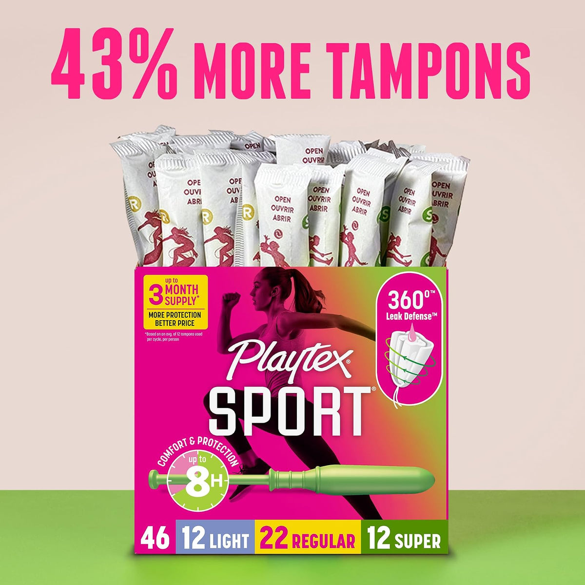 Playtex Sport - Paquete múltiple de tampones, ligero/regular/súper absorbencia, 46 unidades
