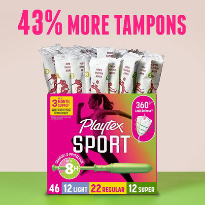 Playtex Sport - Paquete múltiple de tampones, ligero/regular/súper absorbencia, 46 unidades