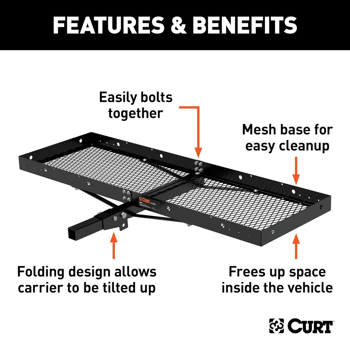 CURT 18109 Transportador de Carga de Enganche de Bandeja de 60 x 20 Pulgadas, Capacidad de 500 Libras, Acero Negro, vástago Plegable de 2 Pulgadas