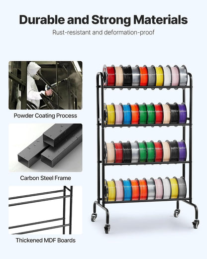VEVOR Estante de Almacenamiento de Filamentos de 4 Niveles para Impresión 3D Soporte de Metal para Bobinas de Filamento con Ruedas 750 x 455 x 1230 mm para Estudios, Talleres, Oficinas, Negro
