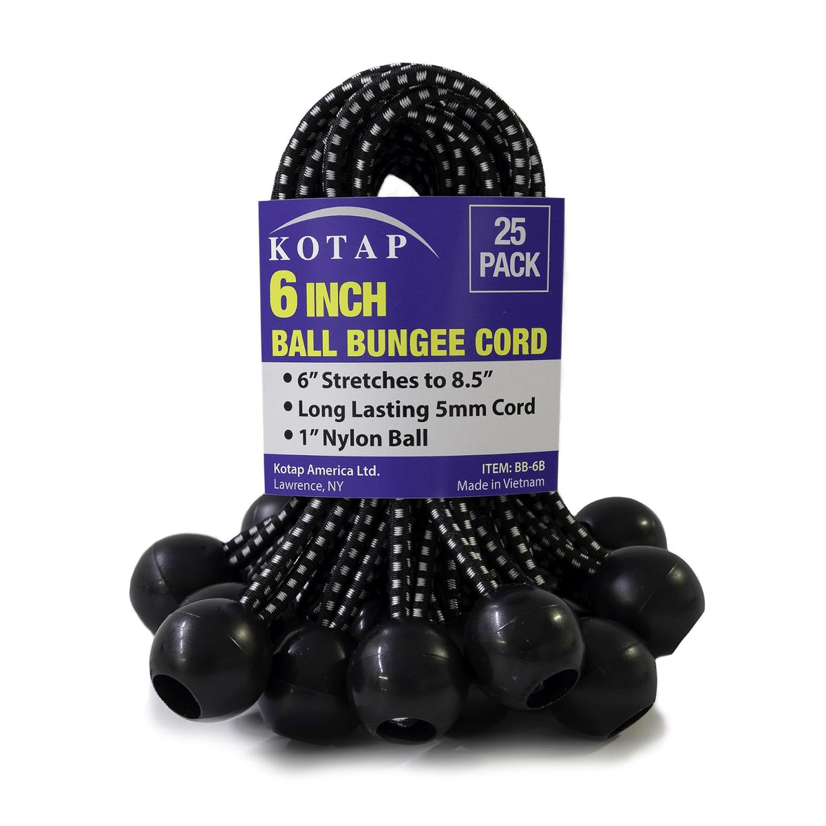 Kotap Cuerda Bungee con Bola 9", Negro, Paquete de 25 - 21.6 cm x 5 mm