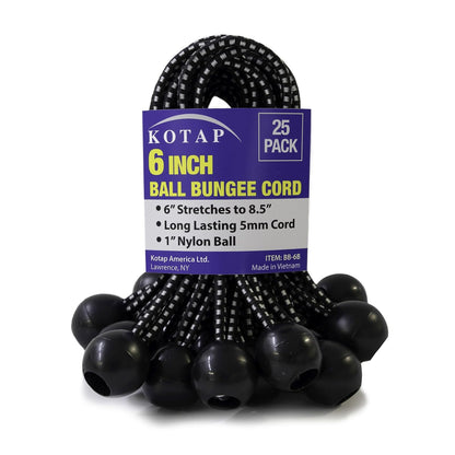 Kotap Cuerda Bungee con Bola 9", Negro, Paquete de 25 - 21.6 cm x 5 mm