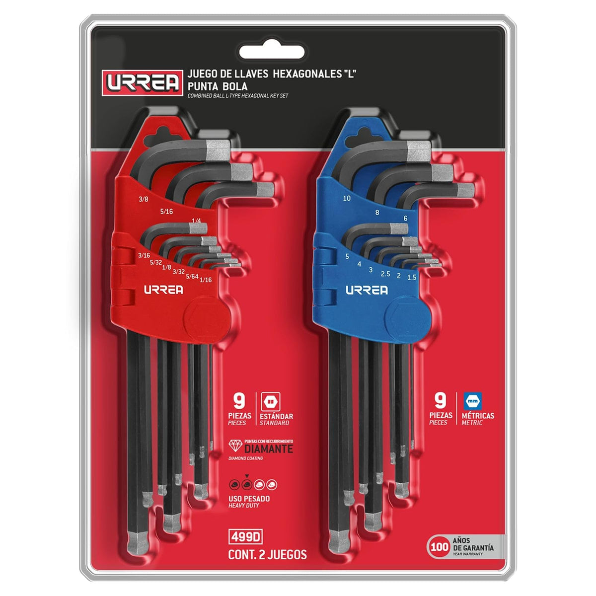 Urrea 499D Juego de llaves hexagonales tipo "L" punta de bola diamante, combinadas, 18 piezas