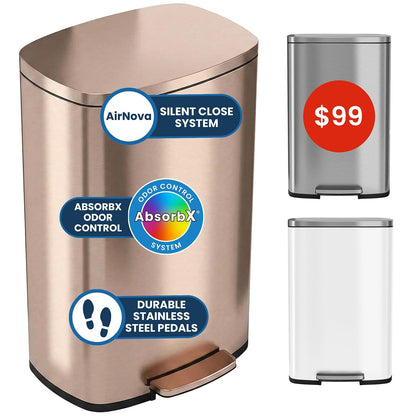 ITouchless - Cubo de basura SoftStep de 13.2 galones con filtro de olor, cubo de basura con pedal de acero inoxidable dorado rosa de 50 litros para el hogar