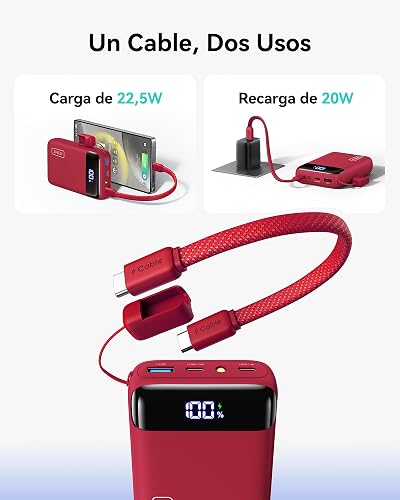 INIU Power Bank, Pequeño 20000mAh 22,5W Carga Rapida Bateria Phone Externa | Cable USB C Desmontable, Apto para Avión, Esenciales de Viaje, Bateria Portatil para iPhone 17, Samsung, iPad, etc. [Rojo]